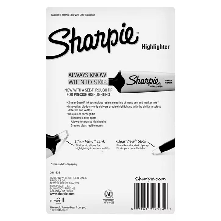 Sharpie Clear View 6pk Highlighters Chisel Tip Multicolored